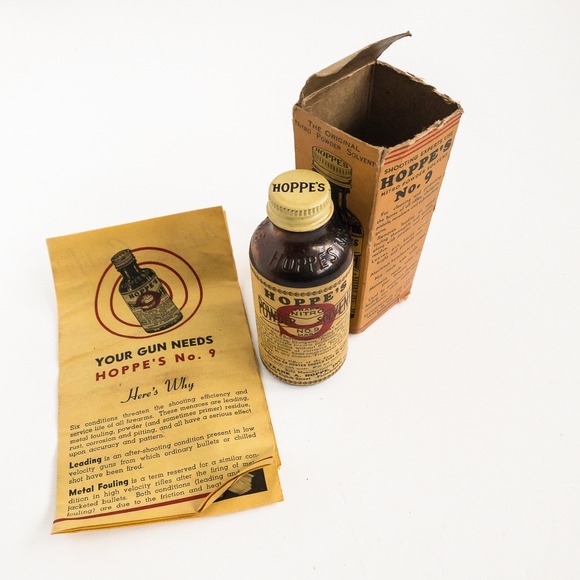 Vintage Hoppe's No. 9 Gun Powder Solvent Bottle Box‎ 1950s USA Cleaner - Picture 1 of 7